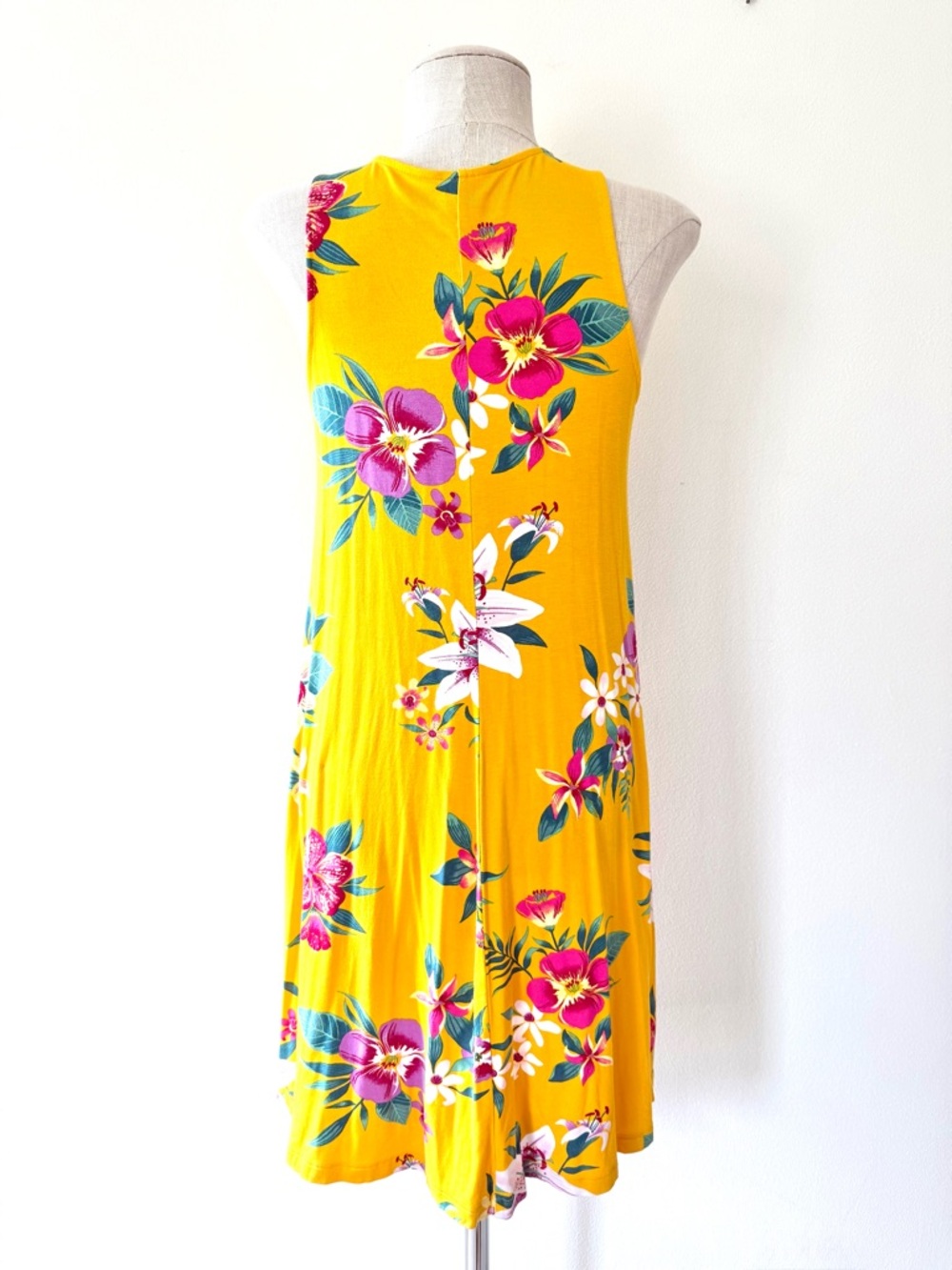 Old Navy Mustard Floral Sleeveless Swing Dress Tropical Boho Summer Mini Size S - Picture 3 of 12